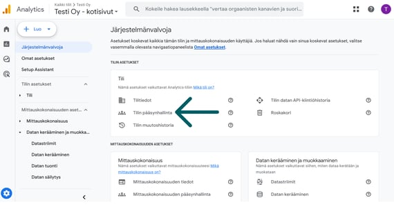 Ohje Google Analyticsin Tilin pääsynhallintaan
