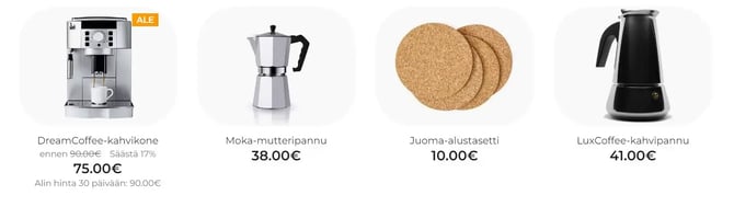 Ecwid-verkkokaupan tuotelistauksen hintatiedot