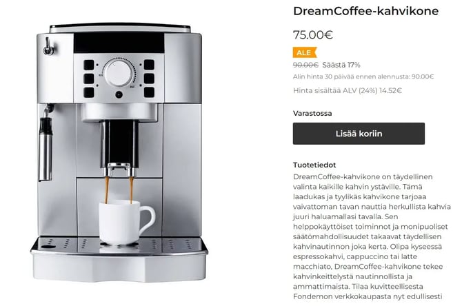 Ecwid-verkkokaupan tuotteen hintatiedot