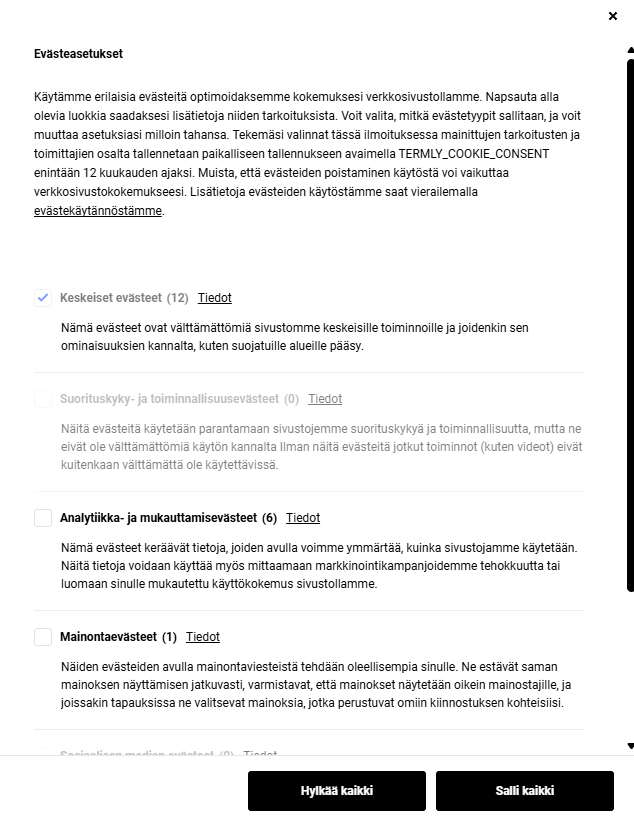 Evästeasetukset