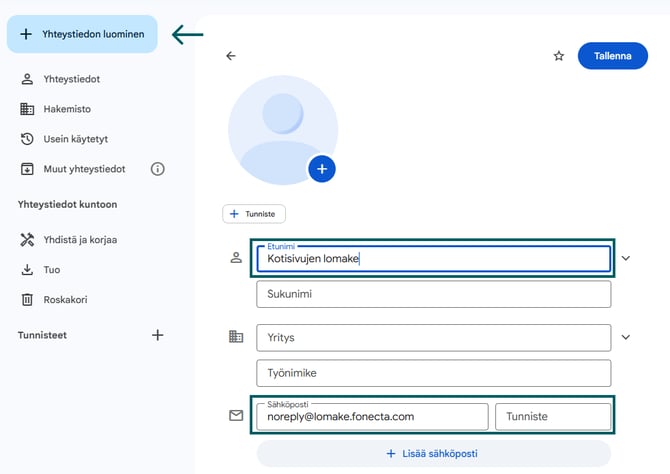 Googlen yhteystiedon lisäys