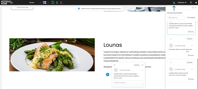 Kommentit sivuston esikatselussa