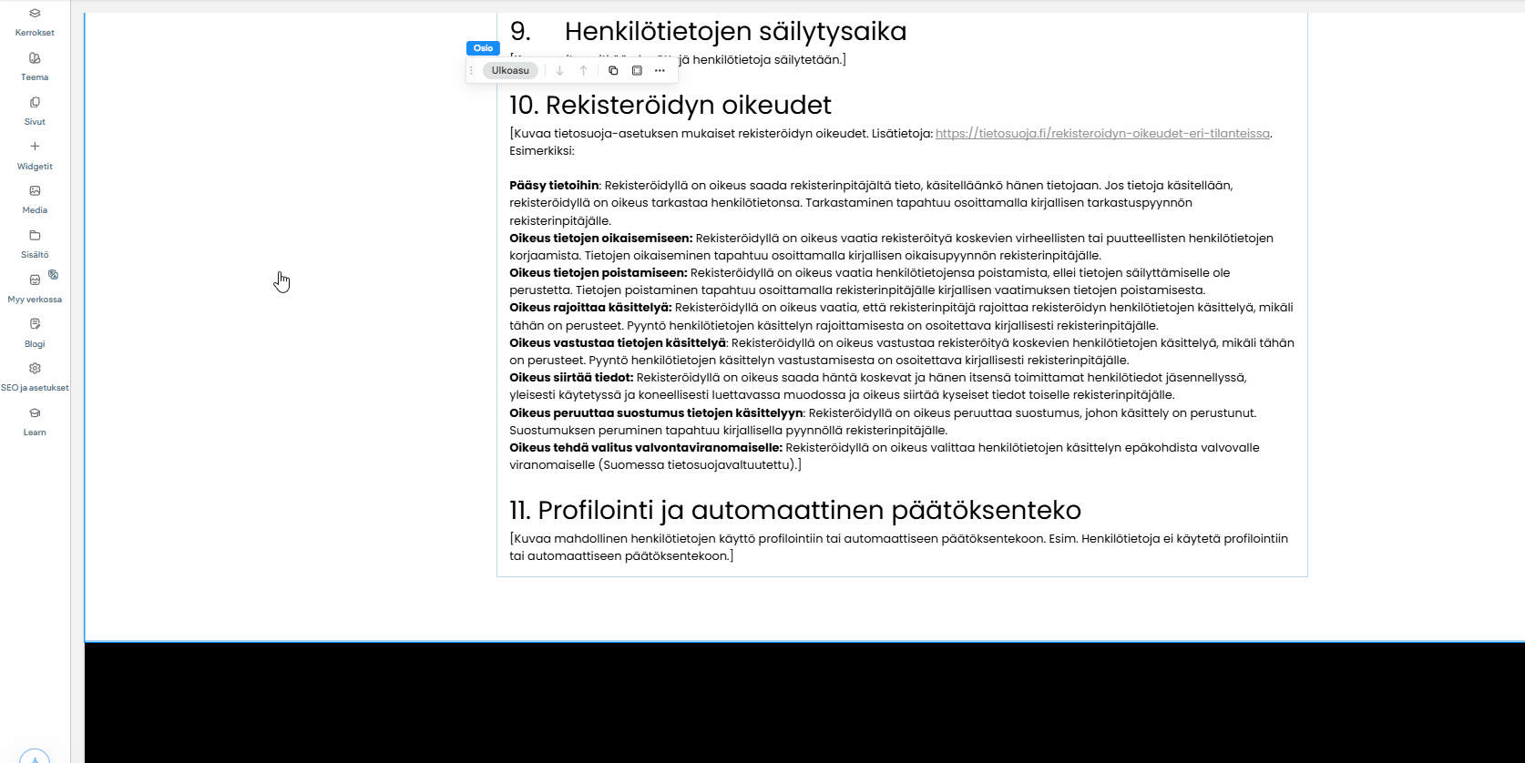 Tietosuojaseloste-linkin lisäys