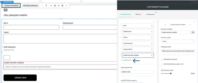 Uuden lomakekentän lisäys