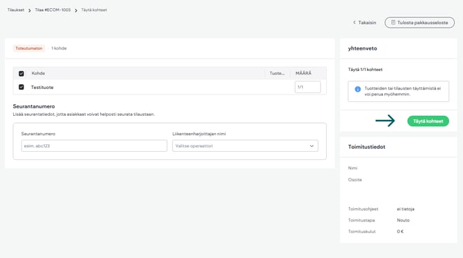 Verkkokaupan tilauksen täyttäminen